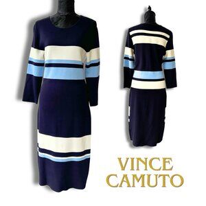 Vince Camuto Navy, White & Light Blue Horizontal Stripe Knit Dress Size M